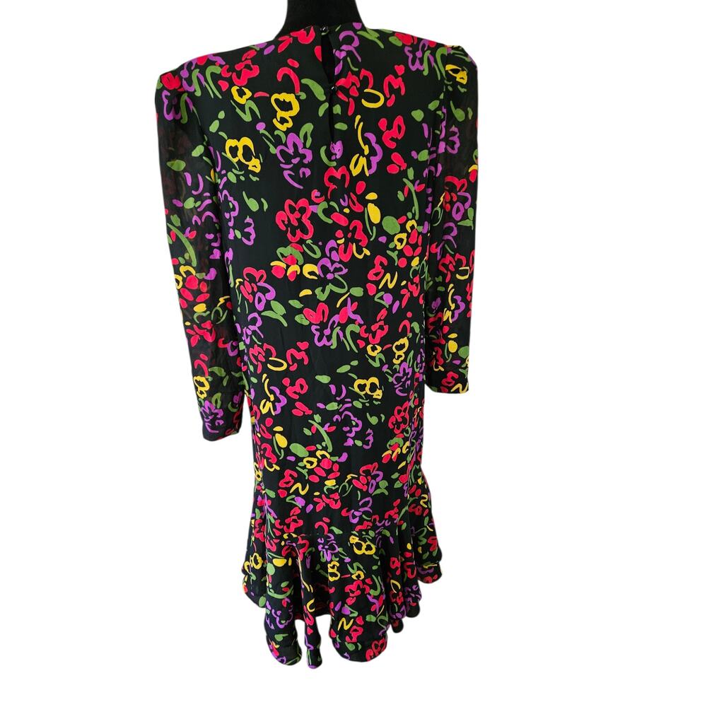 Liz Roberts Vintage 80s Black Neon Floral Drop Waist Ruffle Hem Dress Sz Med